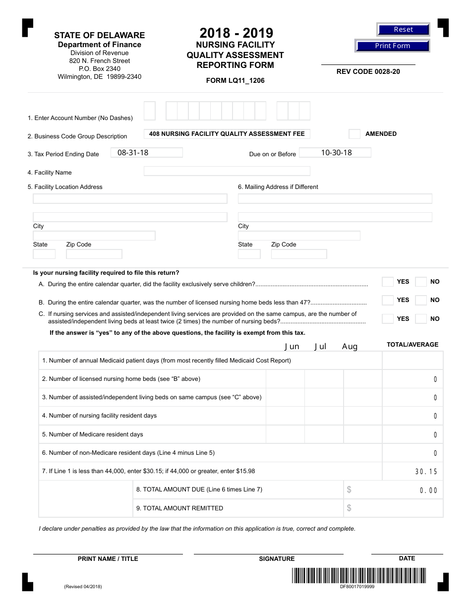 Form LQ11_1206 Nursing Facility Quality Assessment Reporting Form - Delaware, Page 1