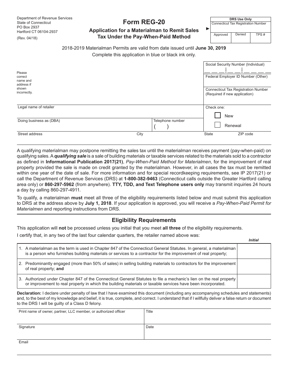 Form REG-20 Application for a Materialman to Remit Sales Tax Under the Pay-When-Paid Method - Connecticut, Page 1