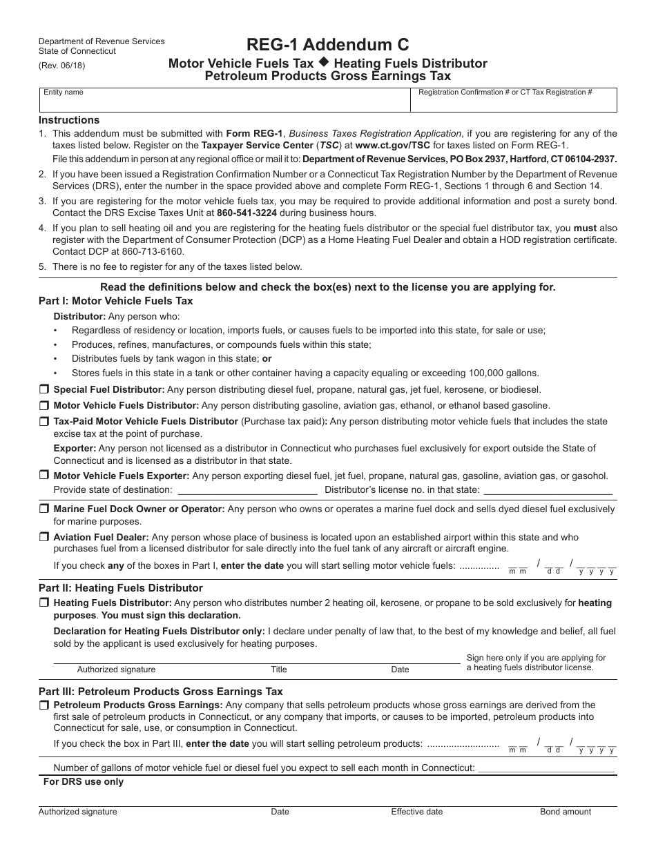 Form REG-1 Addendum C Motor Vehicle Fuels Tax/ Heating Fuels Distributor/ Petroleum Products Gross Earnings Tax - Connecticut, Page 1