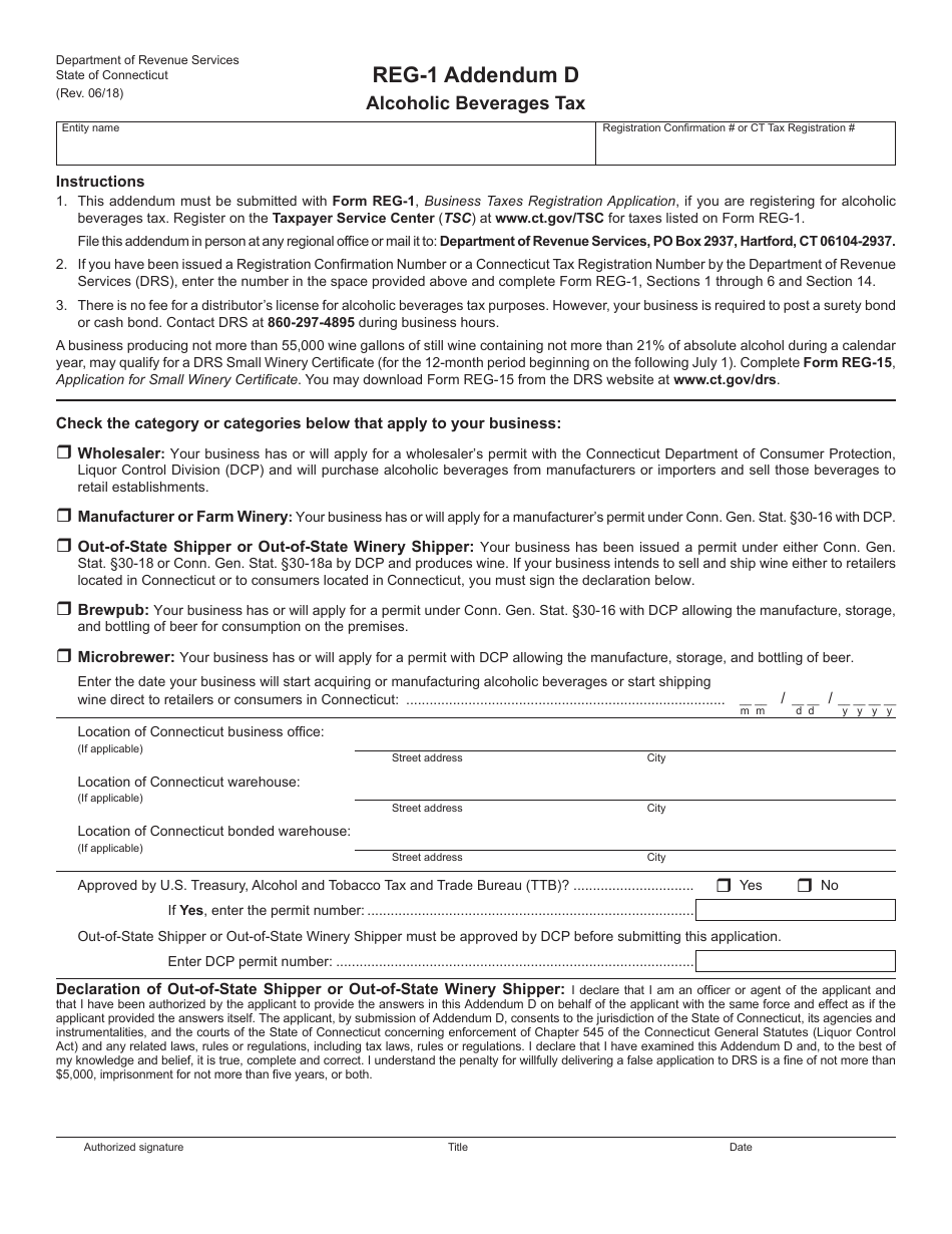 Form REG-1 Addendum D Alcoholic Beverages Tax - Connecticut, Page 1