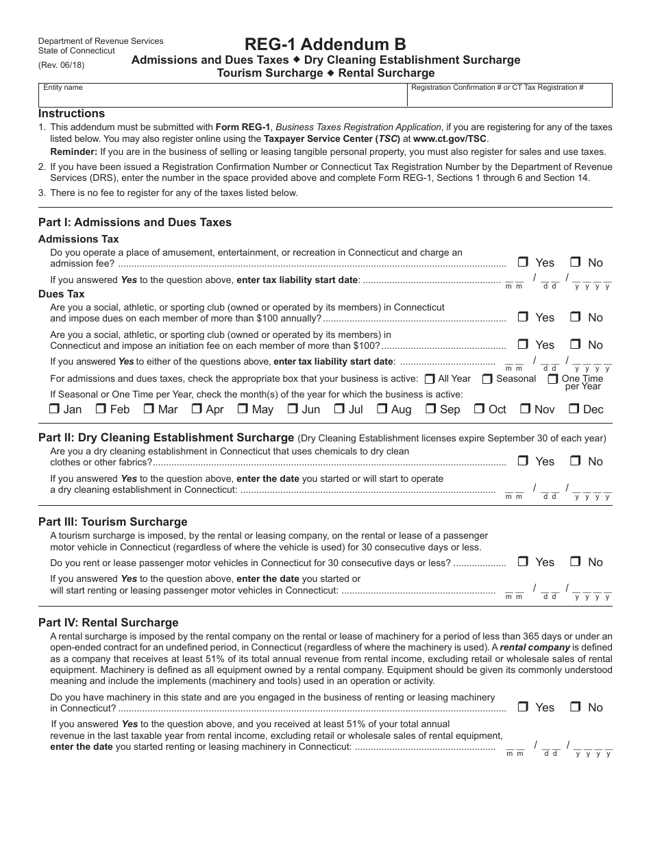 Form REG-1 Addendum B Admissions and Dues Taxes / Dry Cleaning Establishment Surcharge / Tourism Surcharge / Rental Surcharge - Connecticut, Page 1