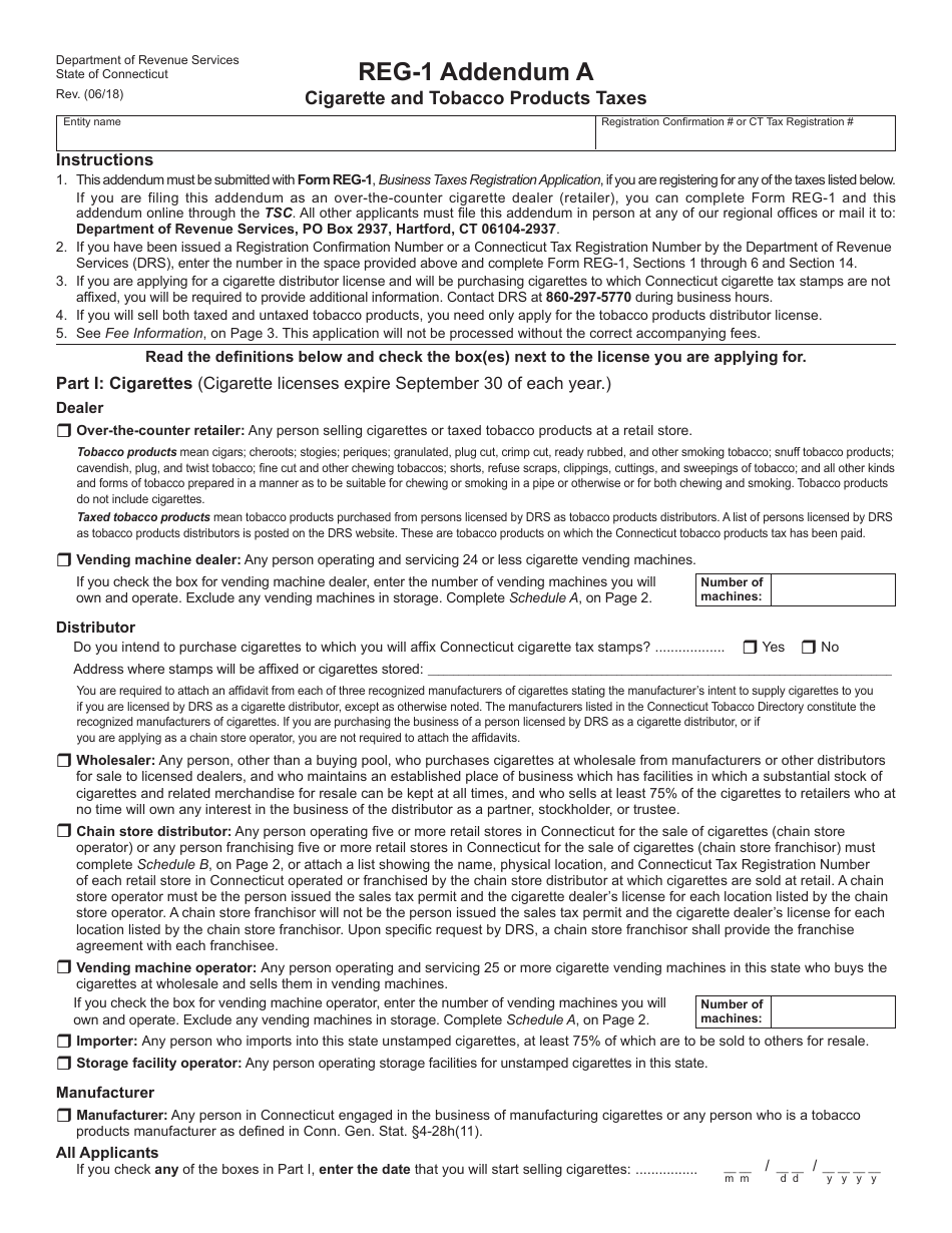 Form REG-1 Addendum A Cigarette and Tobacco Products Taxes - Connecticut, Page 1