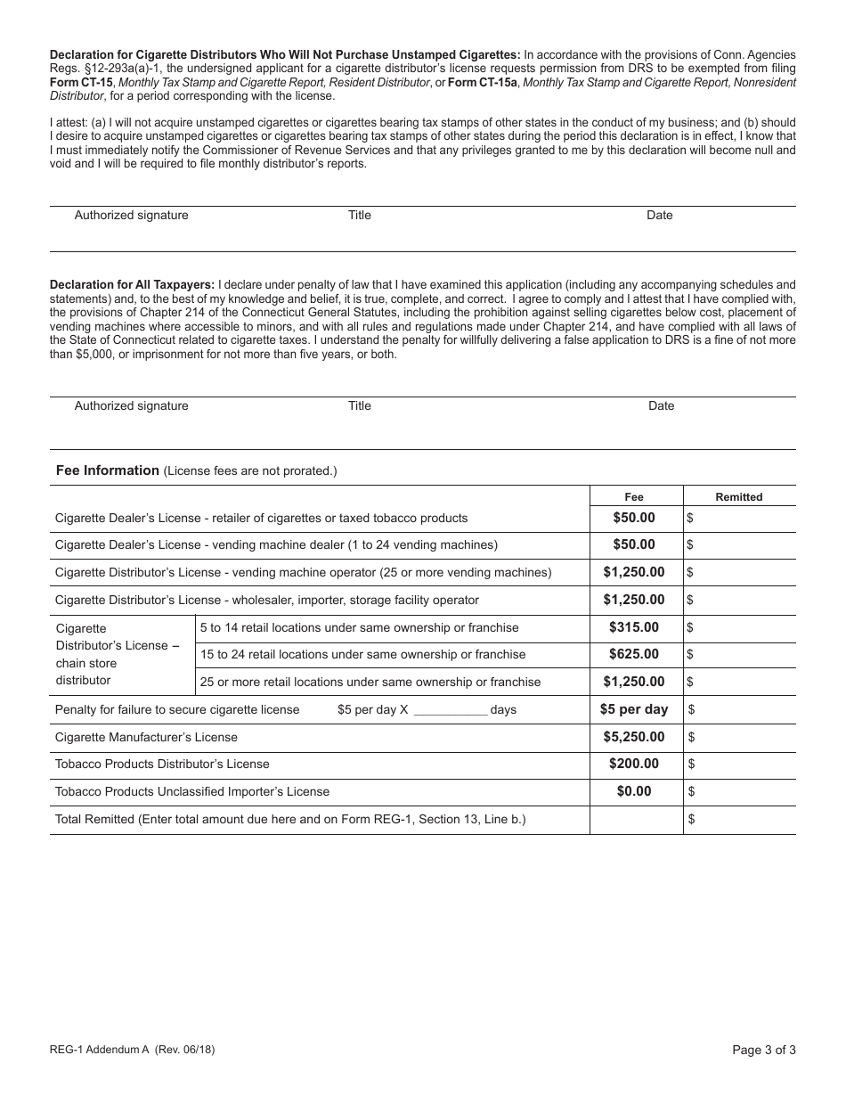 Form REG-1 Addendum A Cigarette and Tobacco Products Taxes - Connecticut, Page 3
