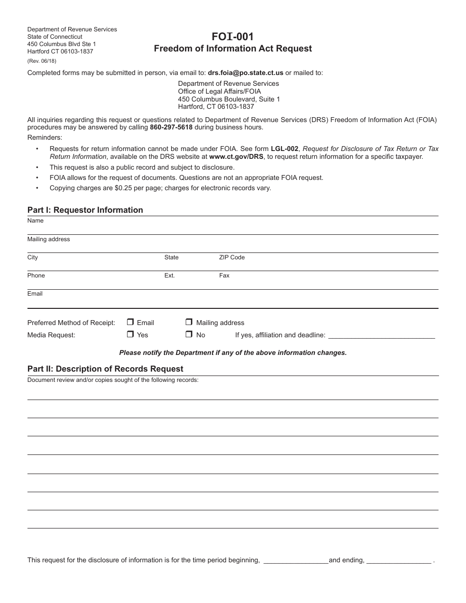 Form FOI-001 Freedom of Information Act Request - Connecticut, Page 1