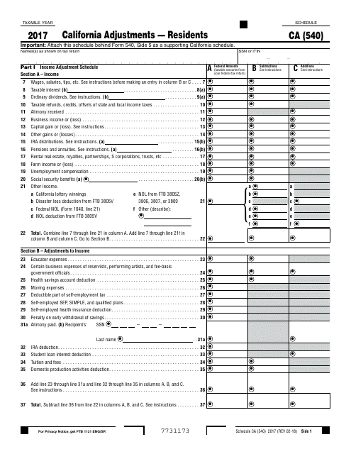 Form 540 Schedule CA 2017 Printable Pdf
