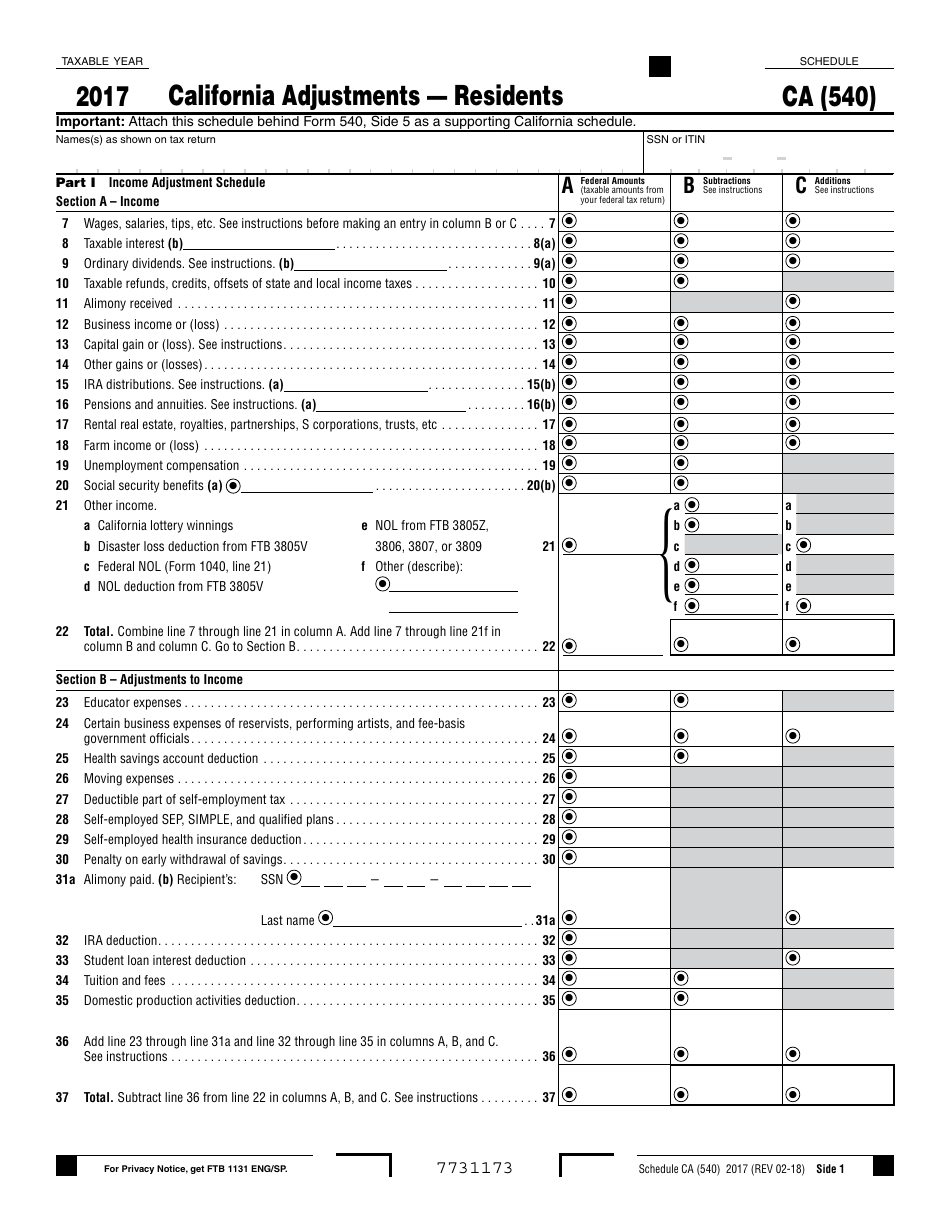 Form 540 Schedule CA California Adjustments  Residents - California, Page 1