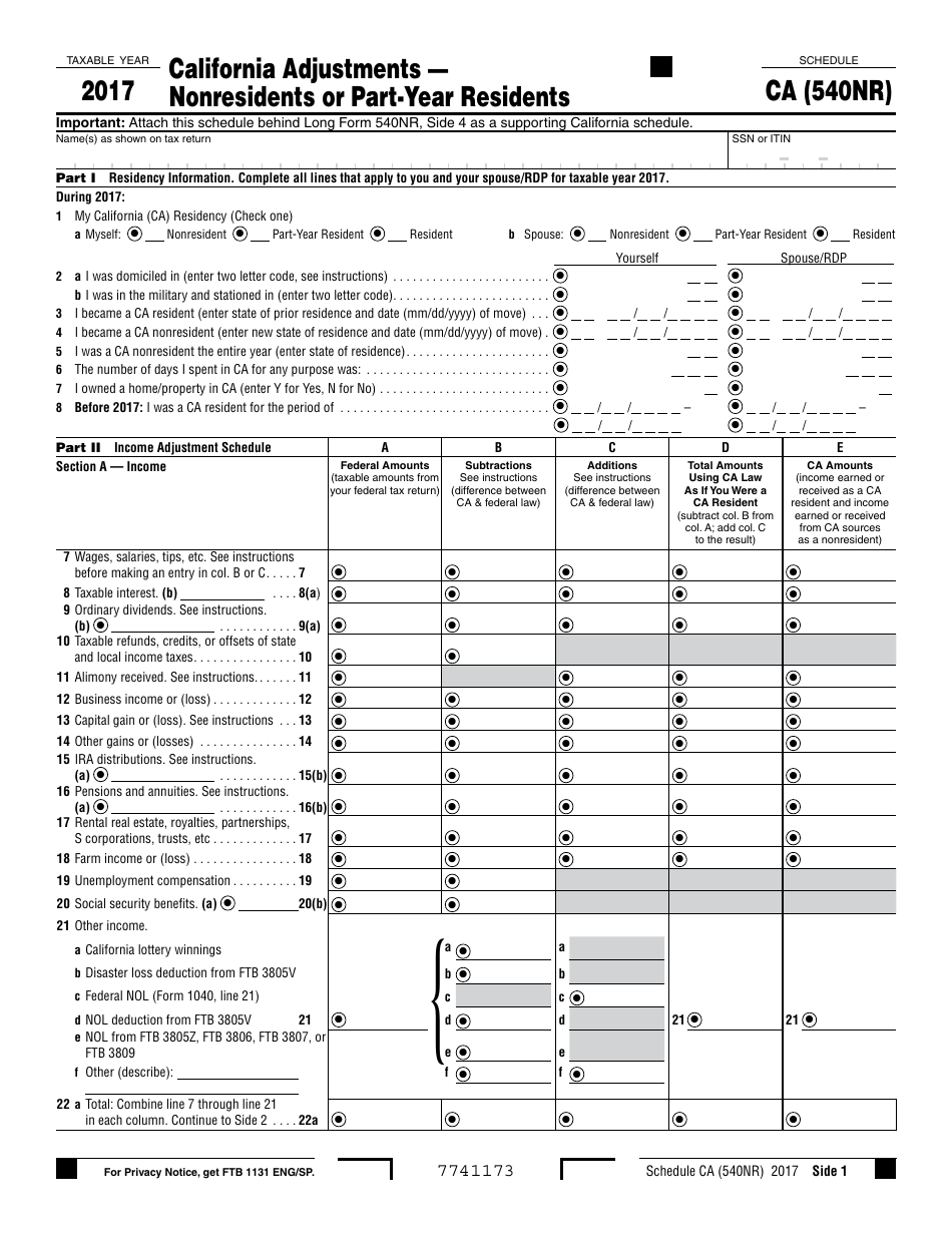 Form 540NR Schedule CA California Adjustments  Nonresidents or Part-Year Residents - California, Page 1