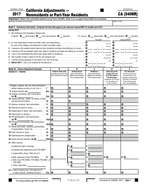 Form 540nr Download Fillable Pdf 2017 Schedule Ca California