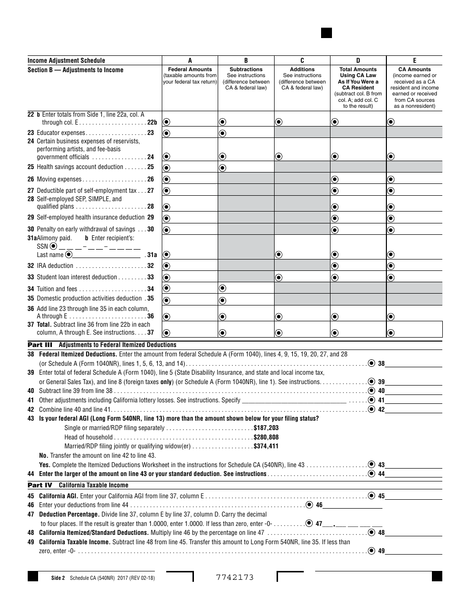 Form 540NR Schedule CA 2017 Fill Out, Sign Online and Download