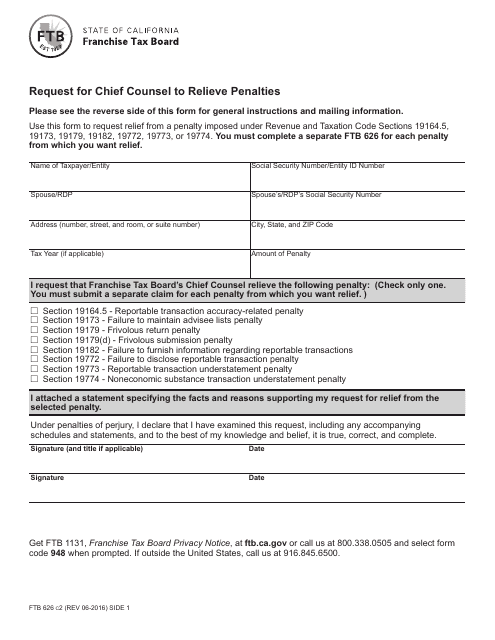 Form FTB626 Request for Chief Counsel to Relieve Penalties - California