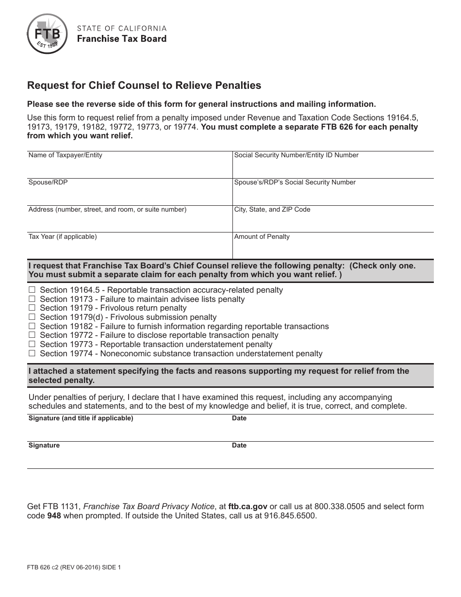 Form FTB626 Request for Chief Counsel to Relieve Penalties - California, Page 1
