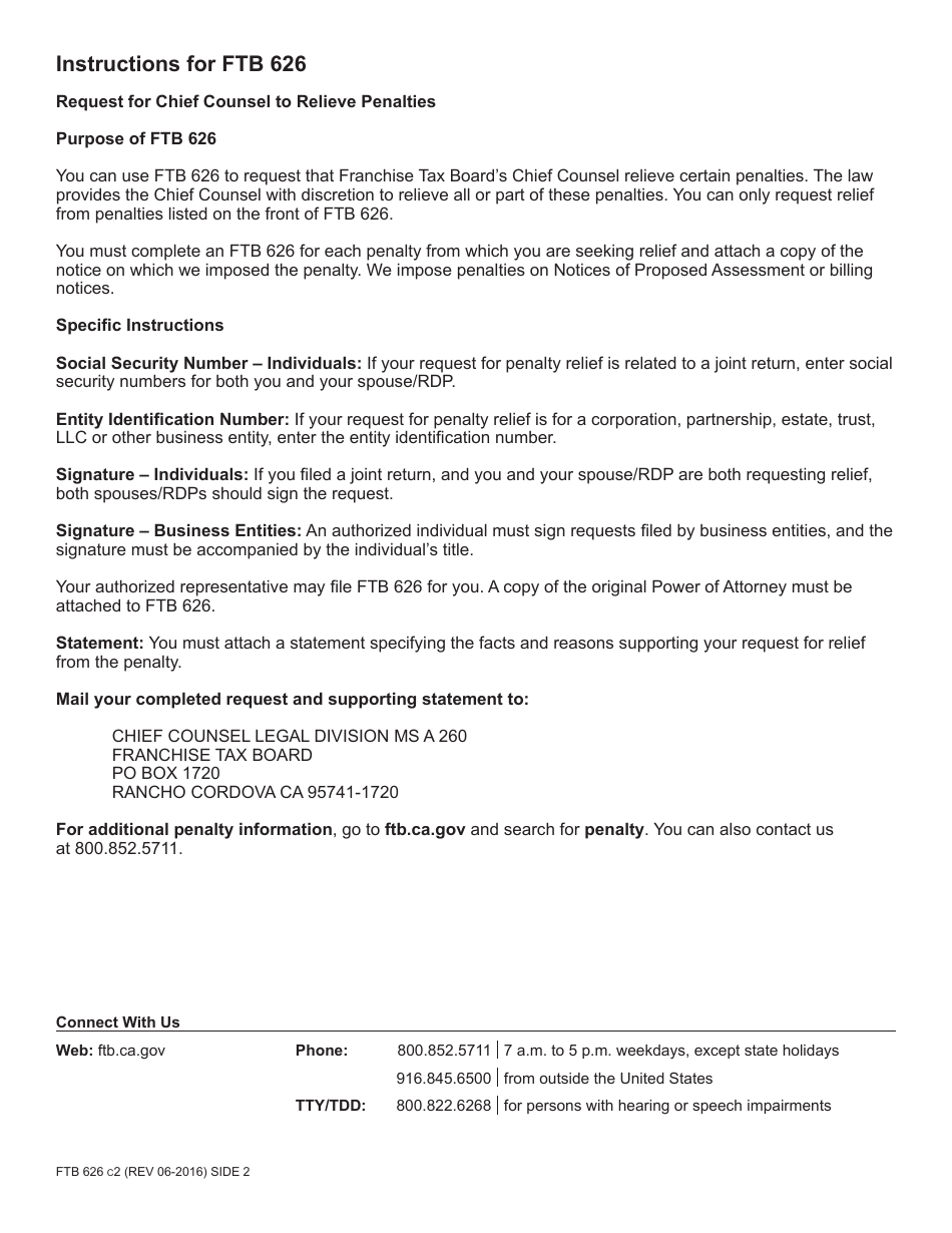 Form FTB626 Request for Chief Counsel to Relieve Penalties - California, Page 2