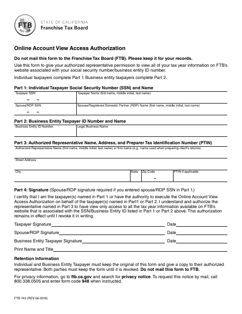 Form FTB743 Online Account View Access Authorization - California