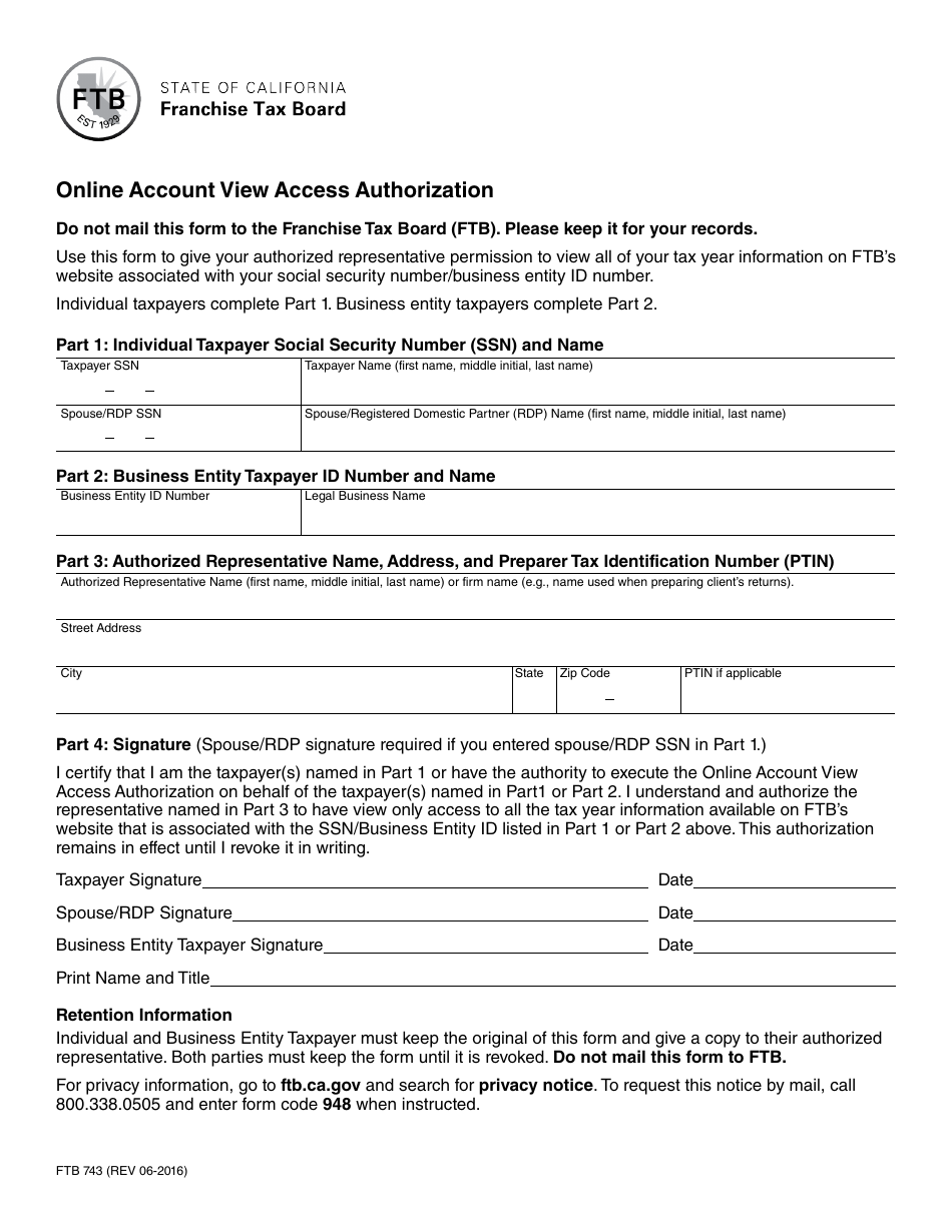 Form FTB743 Online Account View Access Authorization - California, Page 1