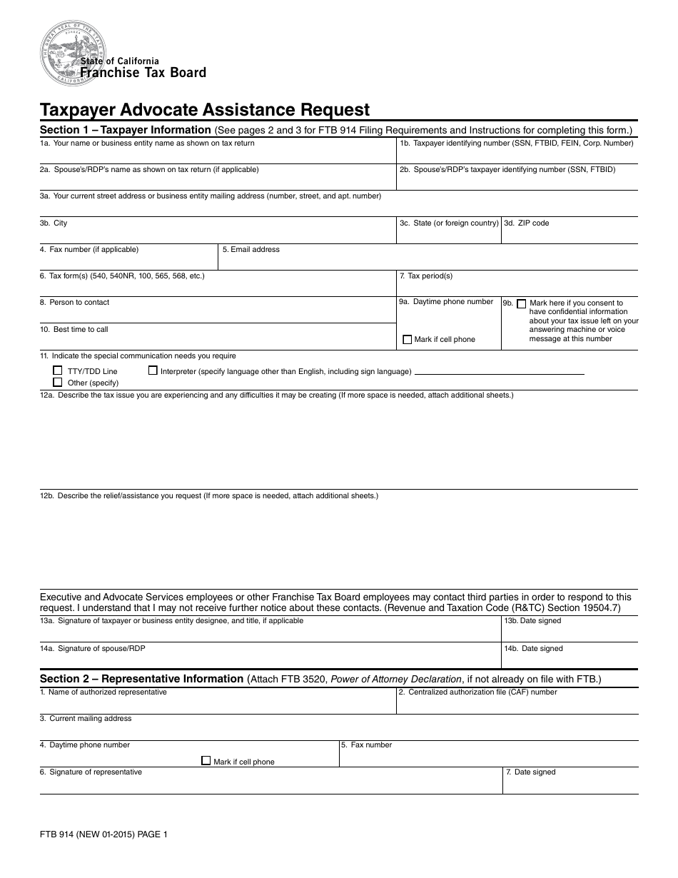 Form FTB914 Taxpayer Advocate Assistance Request - California, Page 1