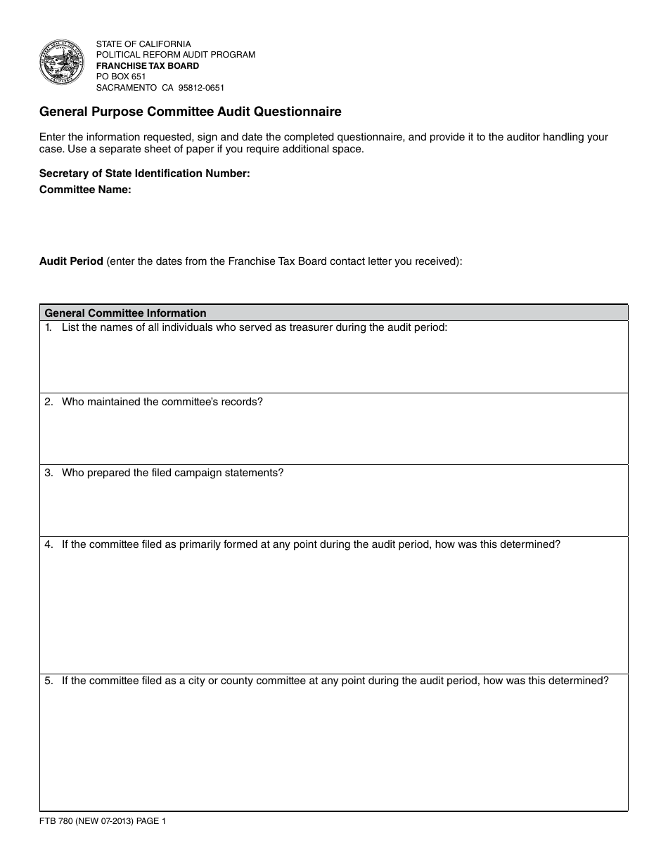 Form FTB780 General Purpose Committee Audit Questionnaire - California, Page 1