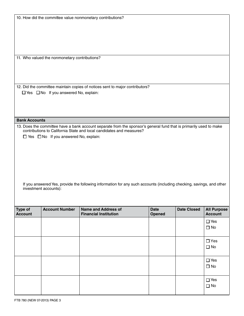 Form FTB780 General Purpose Committee Audit Questionnaire - California, Page 3