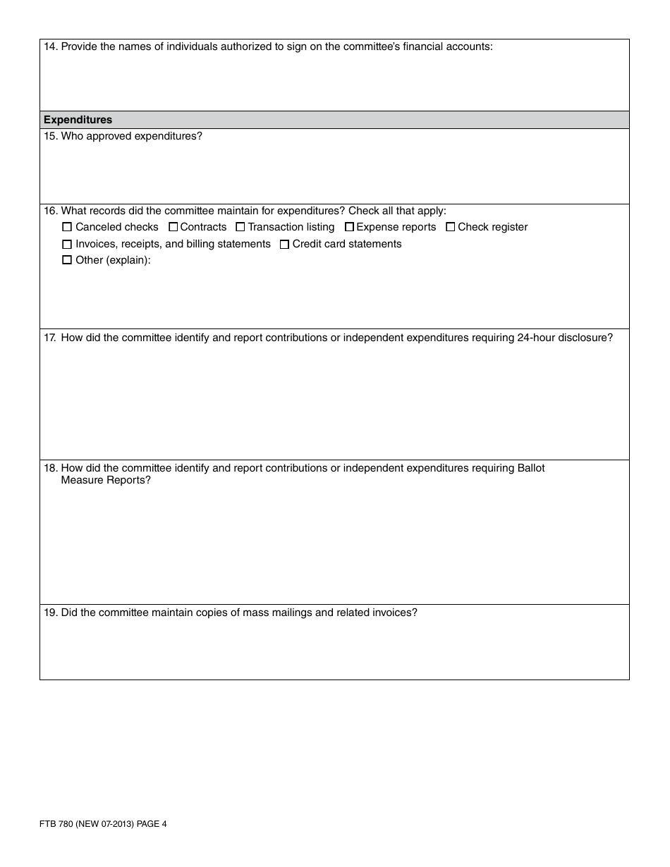Form FTB780 General Purpose Committee Audit Questionnaire - California, Page 4
