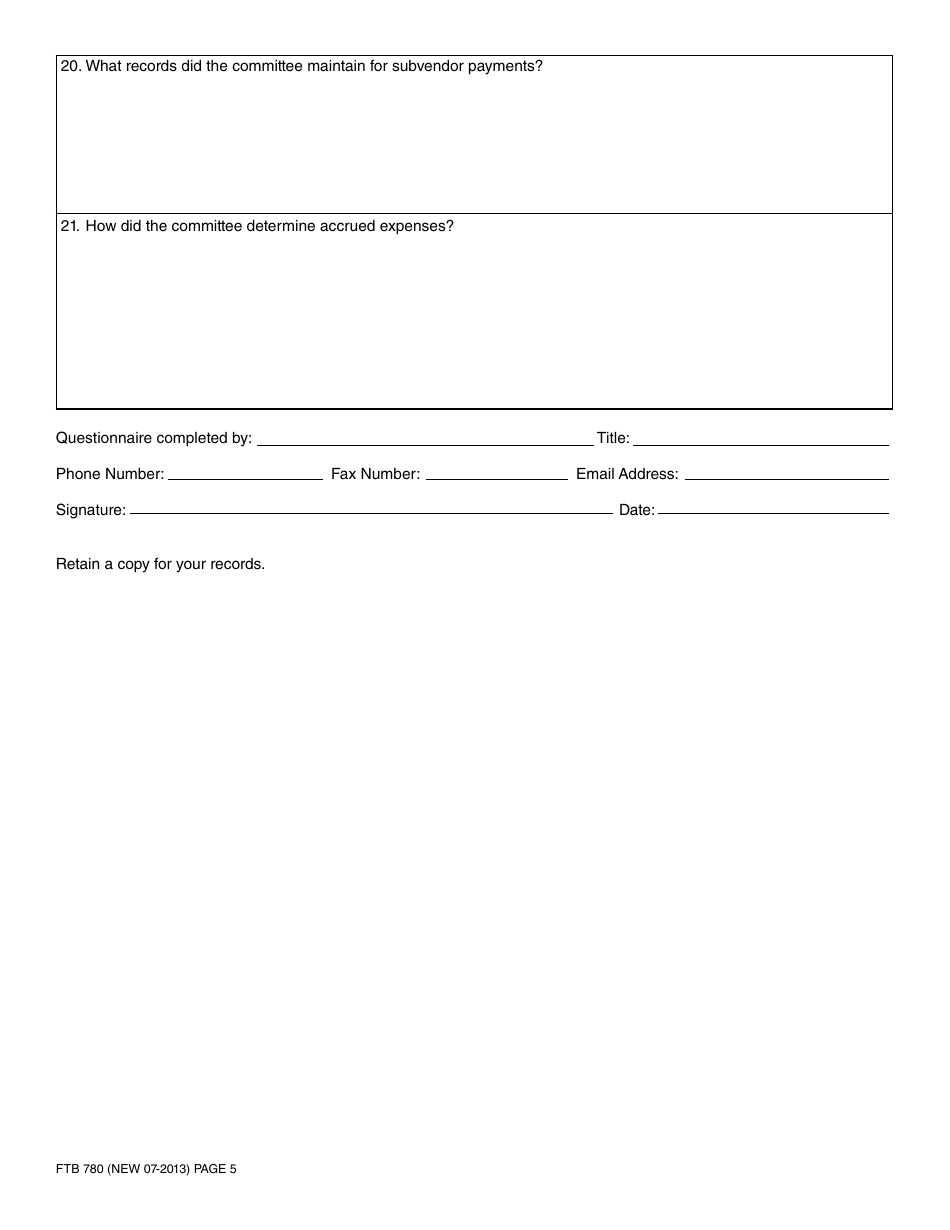 Form FTB780 General Purpose Committee Audit Questionnaire - California, Page 5