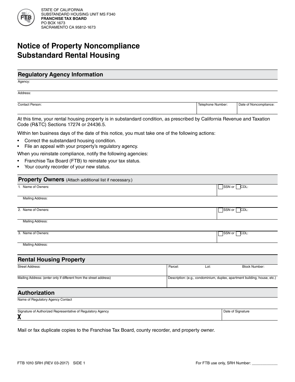 Form FTB1010 SRH Notice of Property Noncompliance Substandard Rental Housing - California, Page 1
