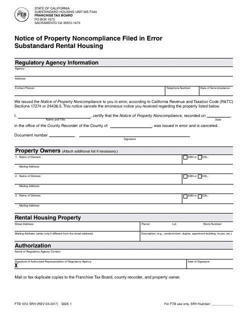 Form FTB1012 SRH Notice of Property Noncompliance Filed in Error Substandard Rental Housing - California