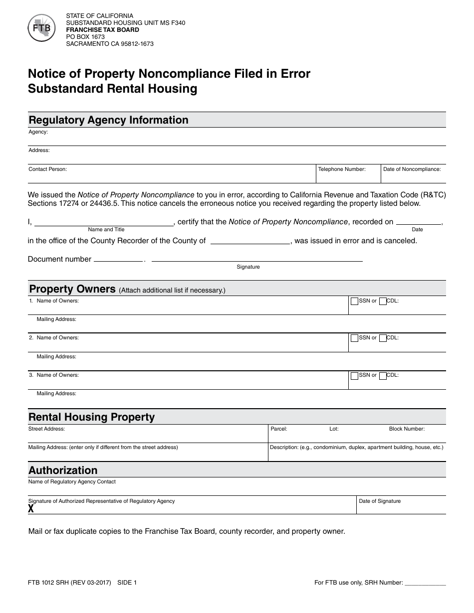 Form FTB1012 SRH Notice of Property Noncompliance Filed in Error Substandard Rental Housing - California, Page 1