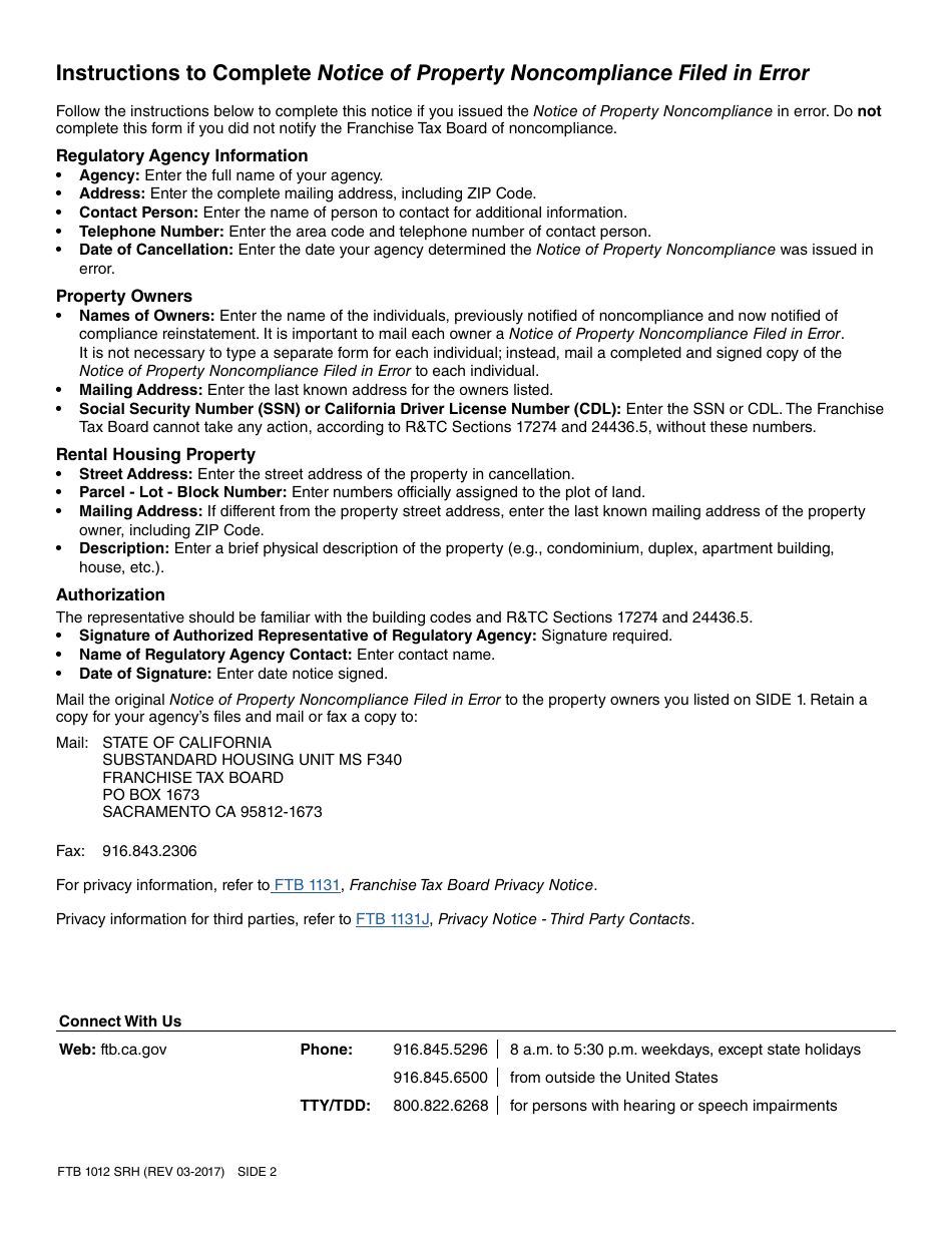 Form FTB1012 SRH Notice of Property Noncompliance Filed in Error Substandard Rental Housing - California, Page 2