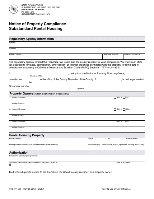 Form FTB1011 SRH Notice of Property Compliance Substandard Rental Housing - California