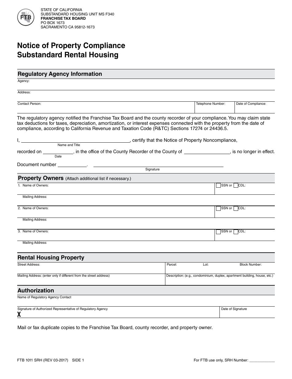 Form FTB1011 SRH Notice of Property Compliance Substandard Rental Housing - California, Page 1