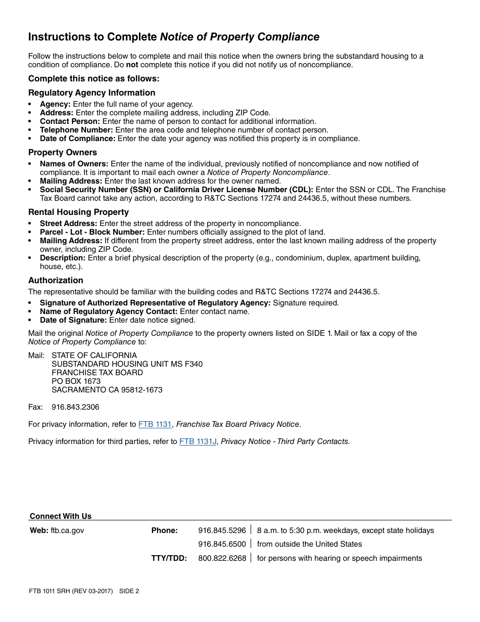 Form FTB1011 SRH Notice of Property Compliance Substandard Rental Housing - California, Page 2