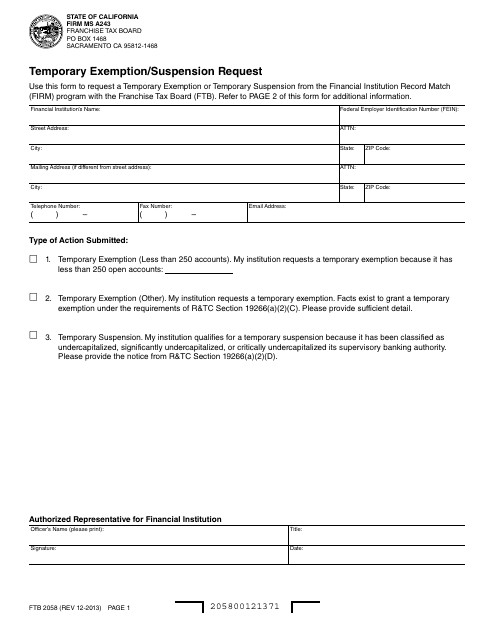 Form FTB2058 Temporary Exemption/Suspension Request - California