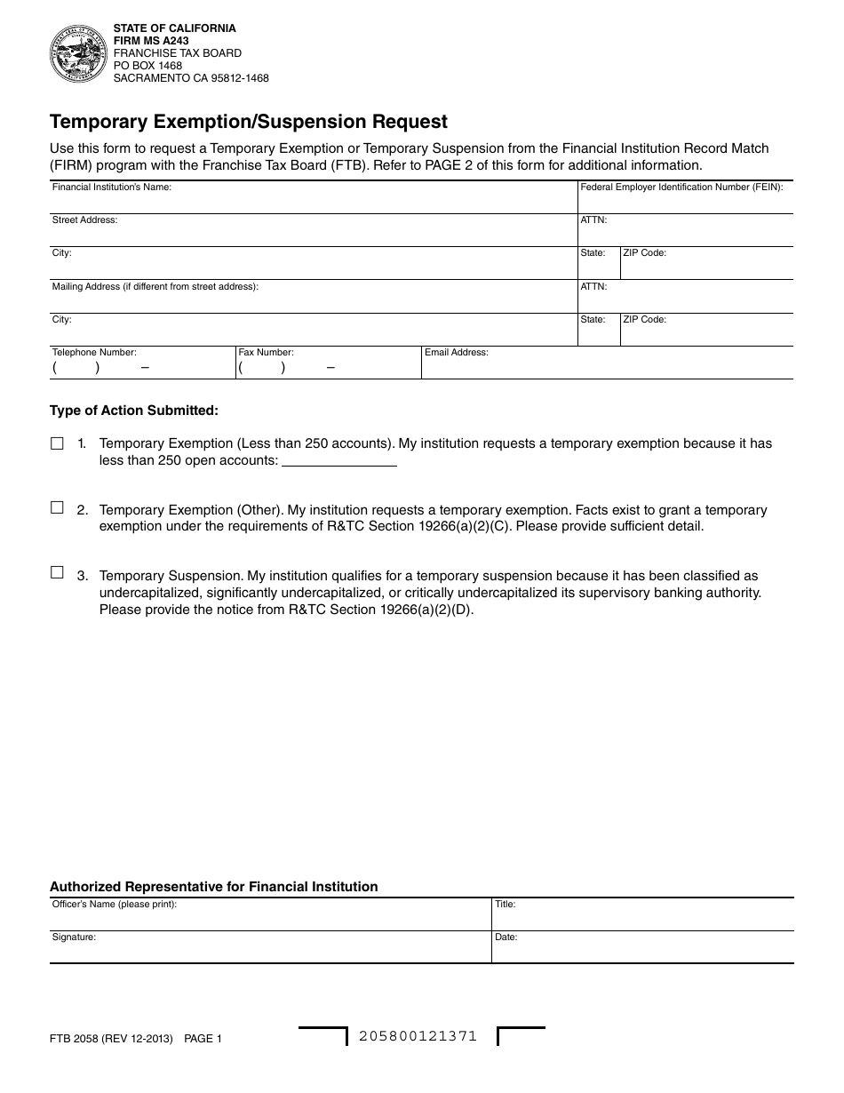 Form FTB2058 Temporary Exemption / Suspension Request - California, Page 1