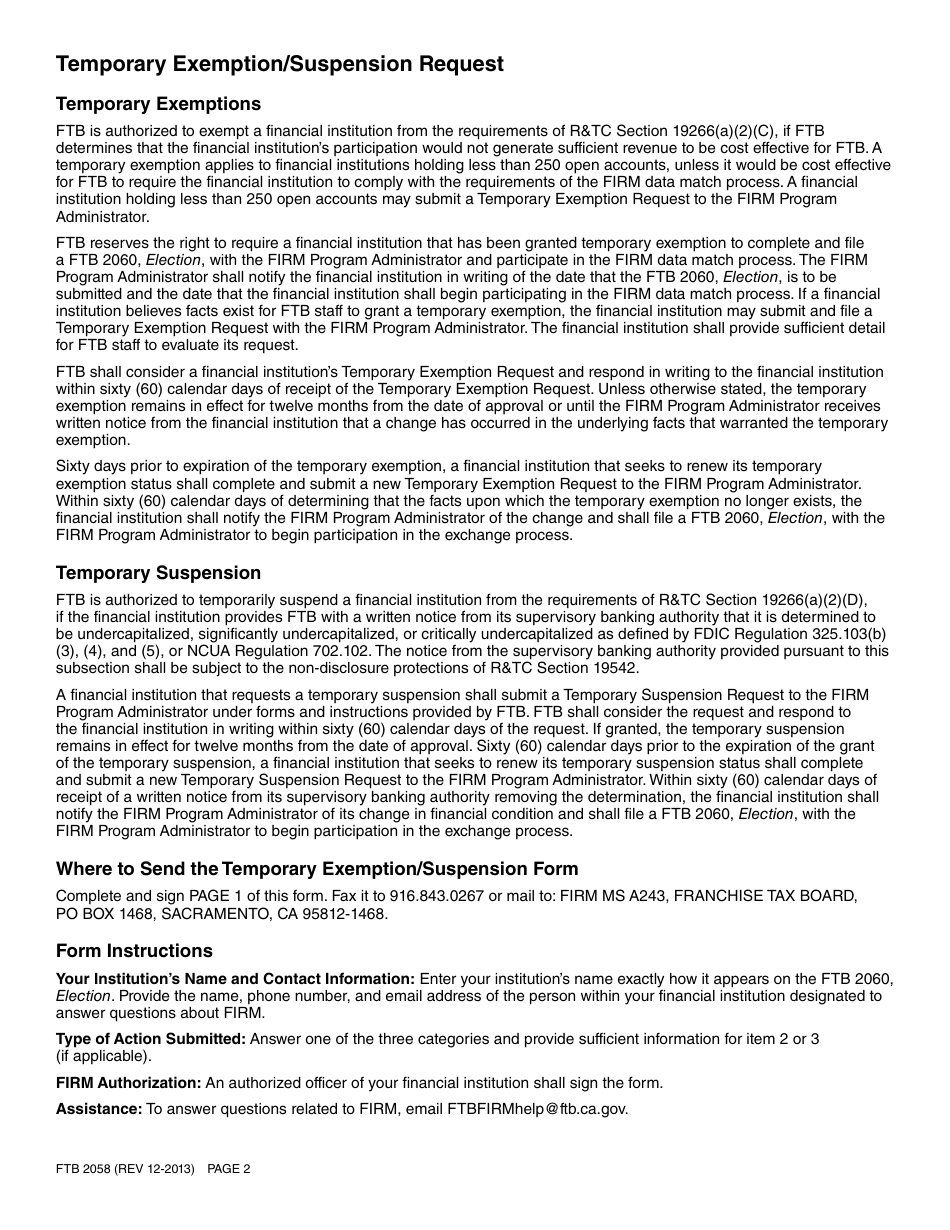 Form FTB2058 Temporary Exemption / Suspension Request - California, Page 2