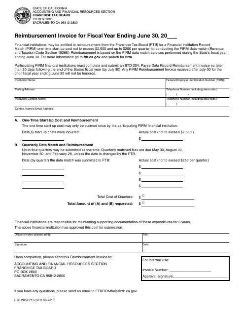 Form FTB2059 PC Reimbursement Invoice for Fiscal Year Ending June 30, 20__ - California