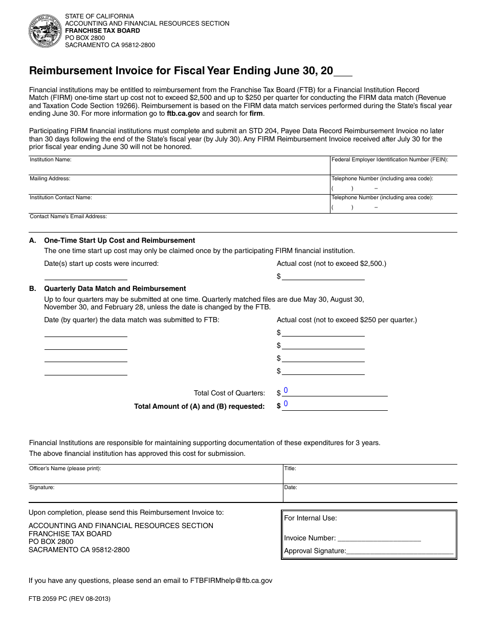 Form FTB2059 PC Reimbursement Invoice for Fiscal Year Ending June 30, 20__ - California, Page 1