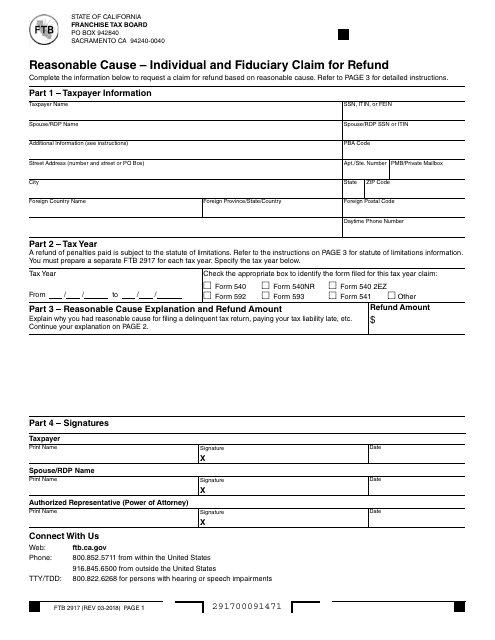 Form FTB2917 Reasonable Cause - Individual and Fiduciary Claim for Refund - California