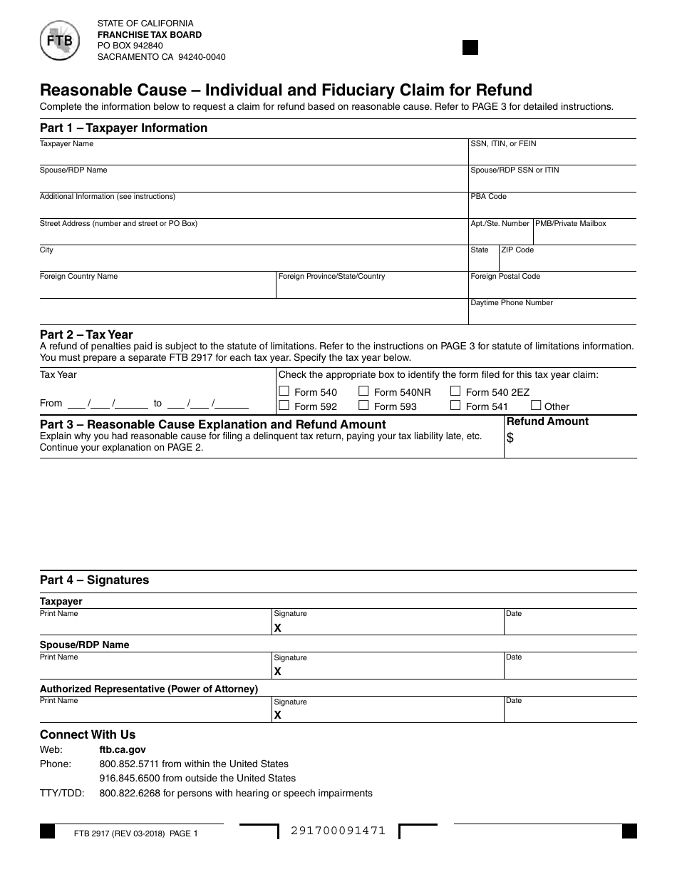 Form FTB2917 Reasonable Cause - Individual and Fiduciary Claim for Refund - California, Page 1
