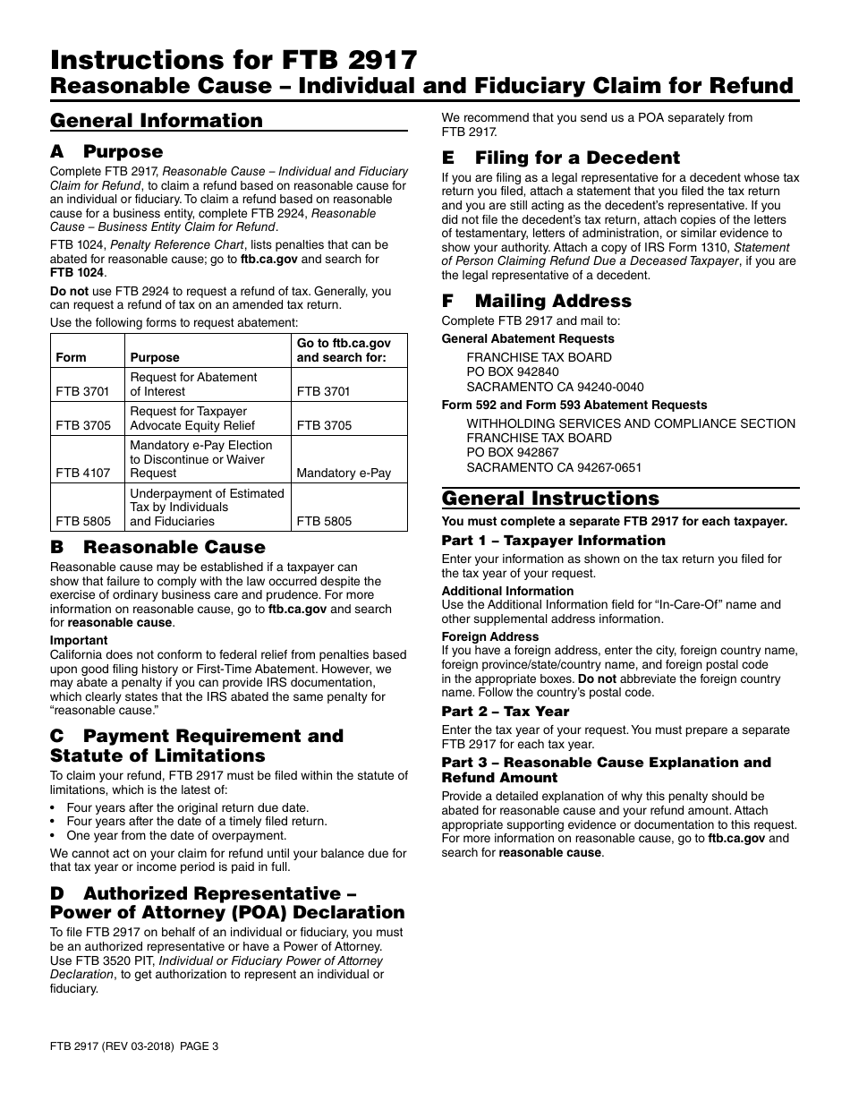 Form FTB2917 Reasonable Cause - Individual and Fiduciary Claim for Refund - California, Page 3