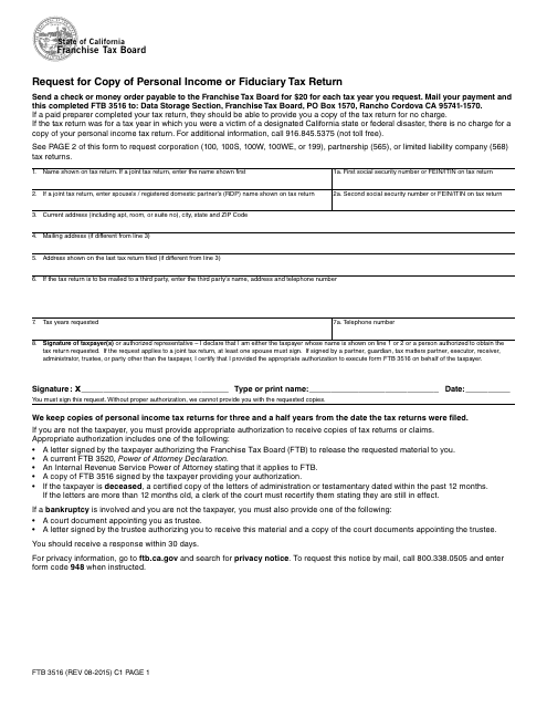 Form FTB3516 Request for Copy of Personal Income or Fiduciary Tax Return - California