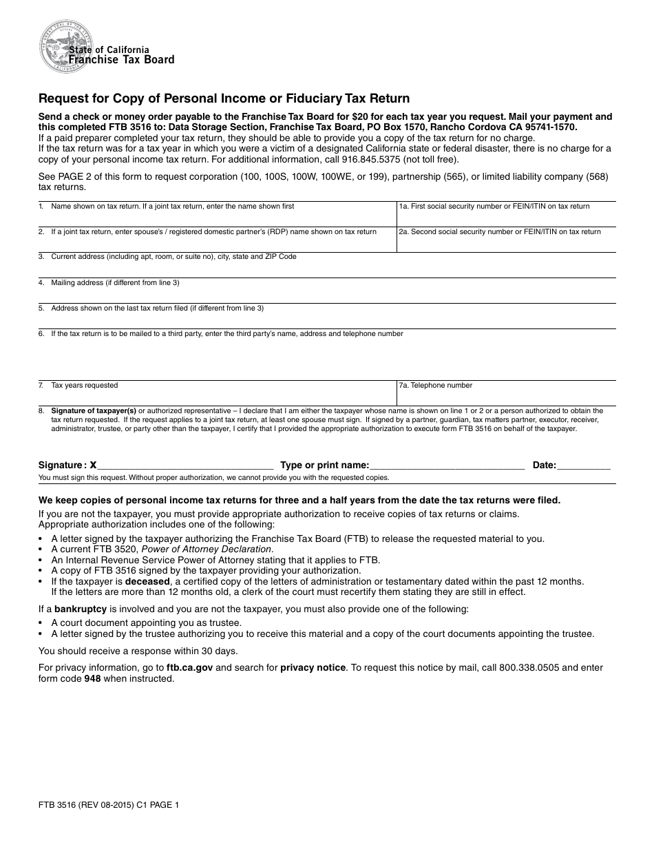 Form FTB3516 Request for Copy of Personal Income or Fiduciary Tax Return - California, Page 1