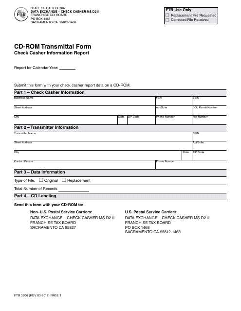 Form FTB3606 Cd-Rom Transmittal Form - Check Casher Information Report - California