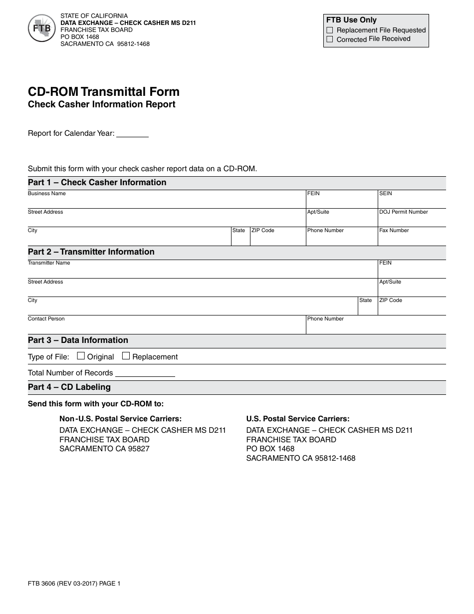 Form FTB3606 Cd-Rom Transmittal Form - Check Casher Information Report - California, Page 1