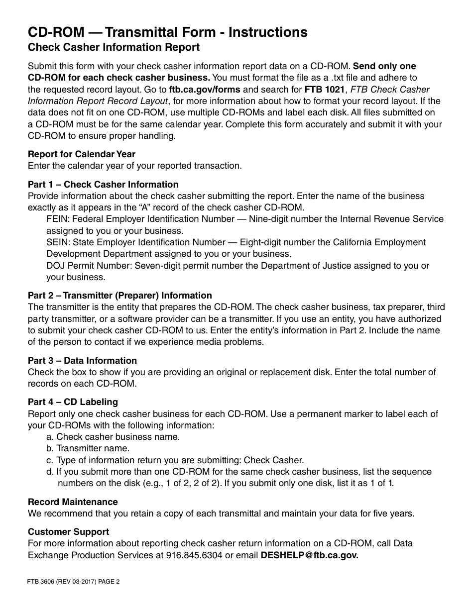 Form FTB3606 Cd-Rom Transmittal Form - Check Casher Information Report - California, Page 2
