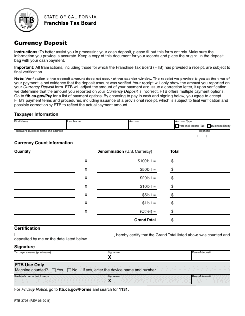 Form FTB3708 Currency Deposit - California