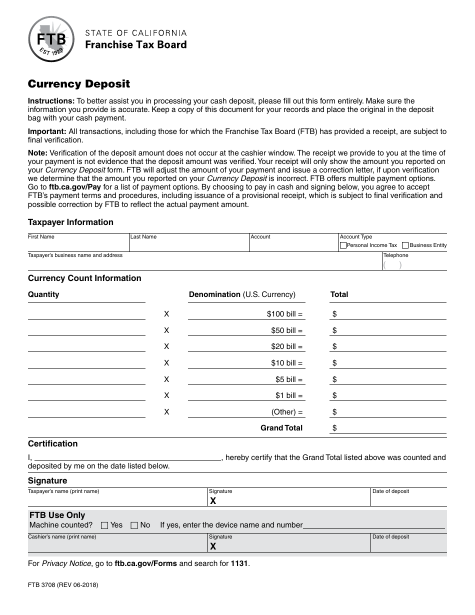 Form FTB3708 Currency Deposit - California, Page 1