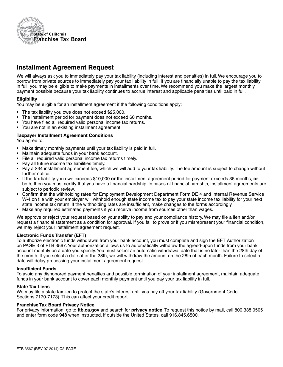 Form FTB3567 Installment Agreement Request - California, Page 1