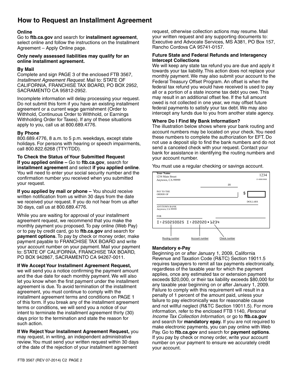 Form FTB3567 Installment Agreement Request - California, Page 2