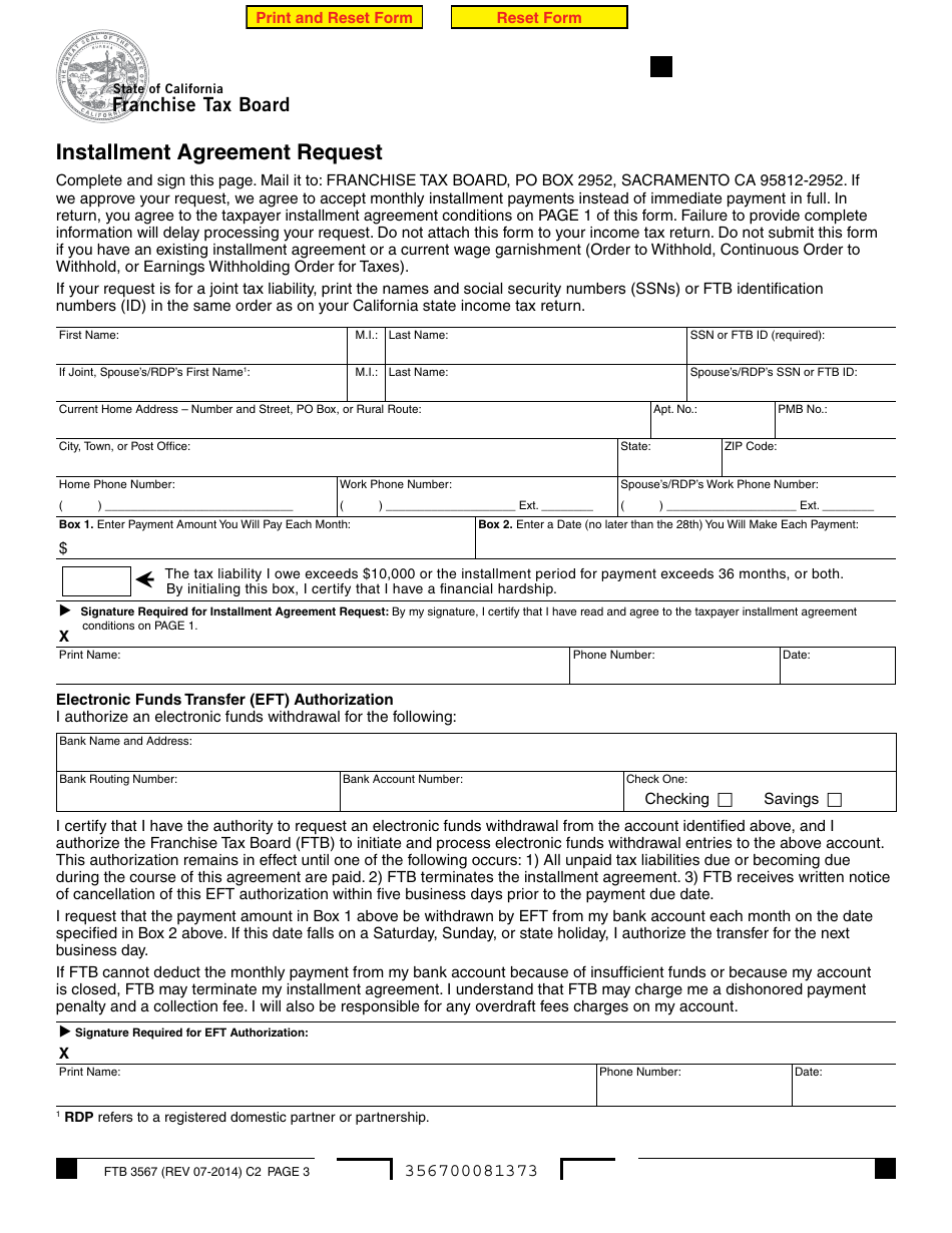 Form FTB3567 Installment Agreement Request - California, Page 3