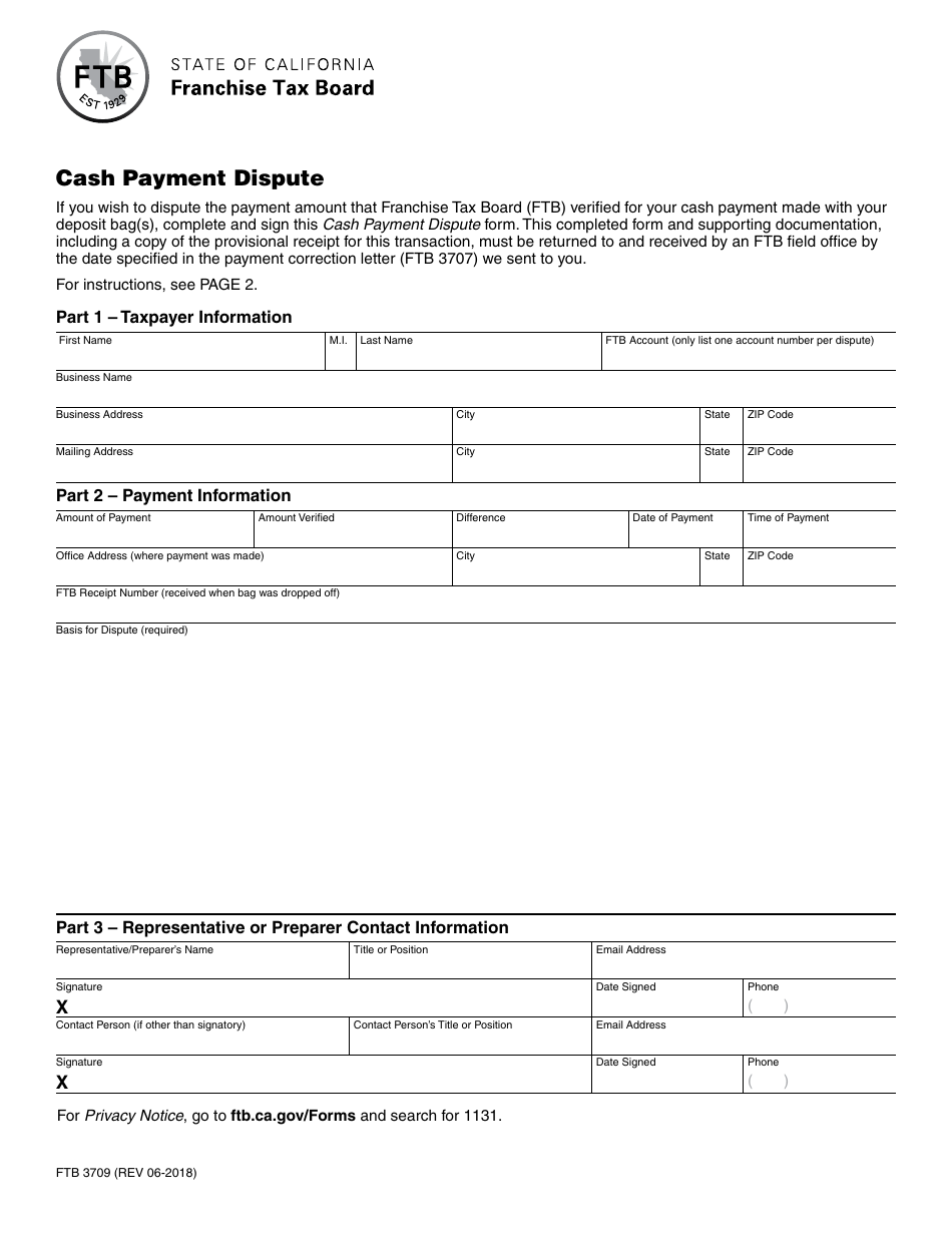Form FTB3709 Cash Payment Dispute - California, Page 1