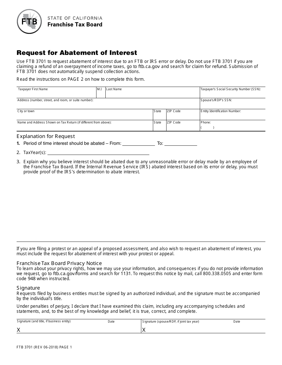 Form FTB3701 Request for Abatement of Interest - California, Page 1
